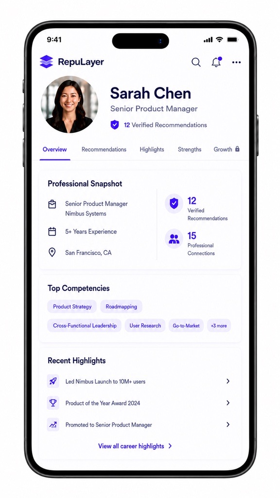 RepuLayer profile overview showing a professional snapshot, top competencies and recent highlights